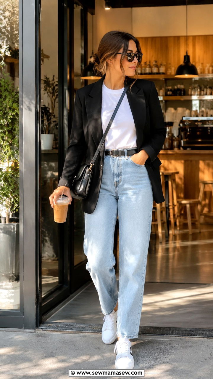 White Tee Blazer And High Waisted Jeans - 30 High waisted jeans outfit ideas with a blazer