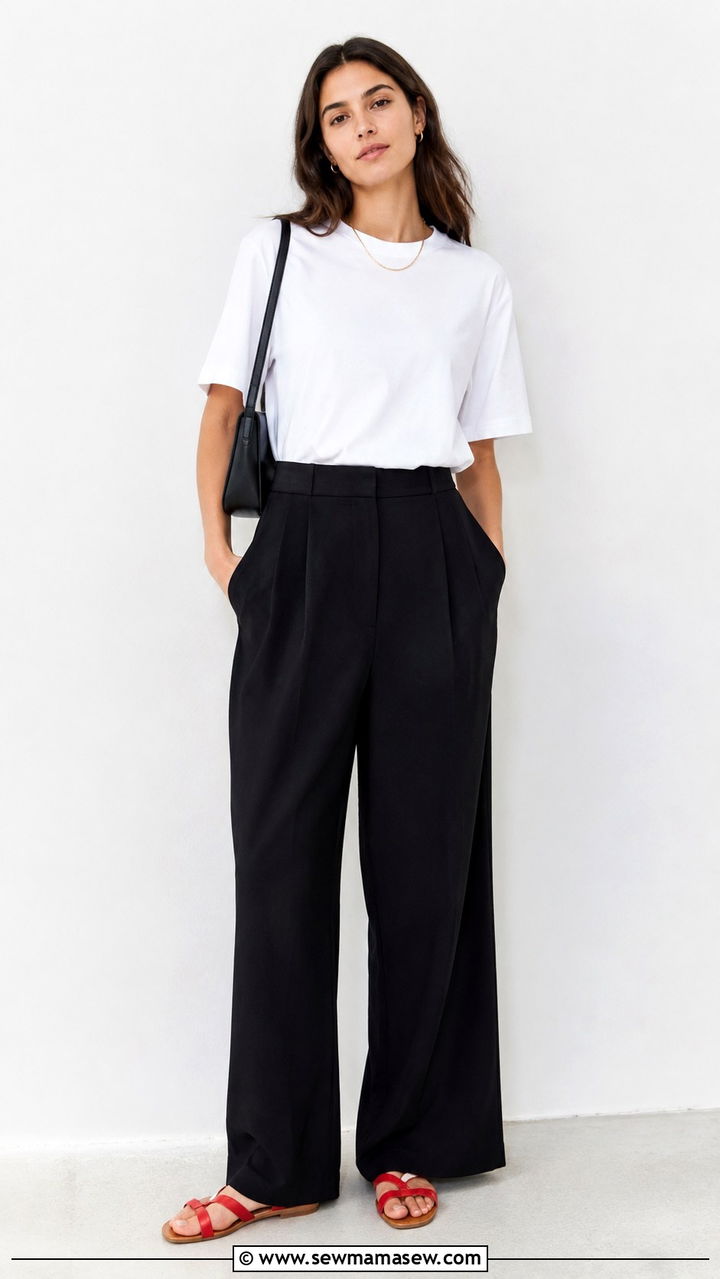 White Tee With Black Pleated Trousers And Red Sandals - 20 Quiet luxury The Row dupes outfit ideas