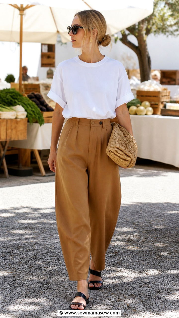 White Tee With Caramel Barrel Leg Trousers - 40 summer scandinavian outfits