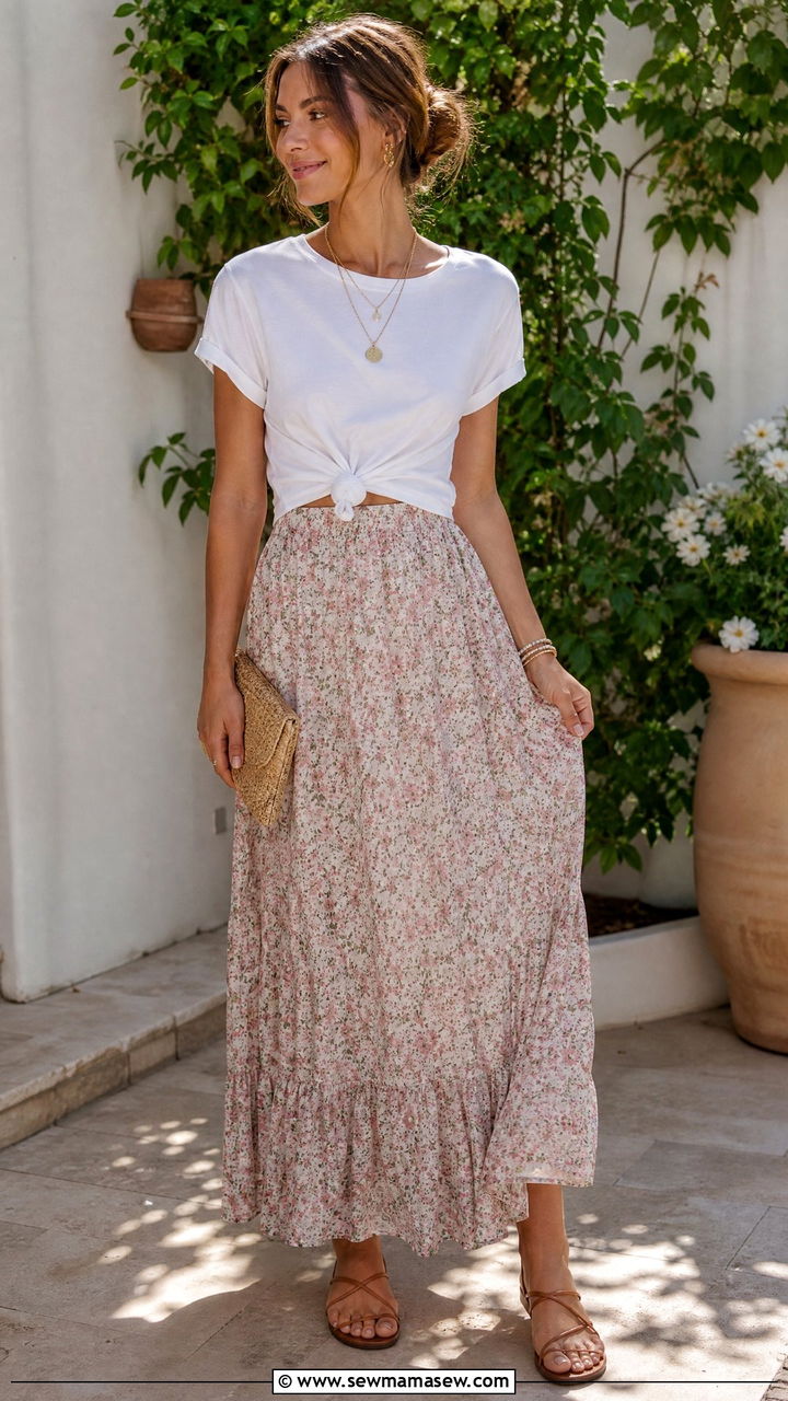 White Tee With Flowing Maxi Skirt - 30 Summer outfit ideas for stay at home mom