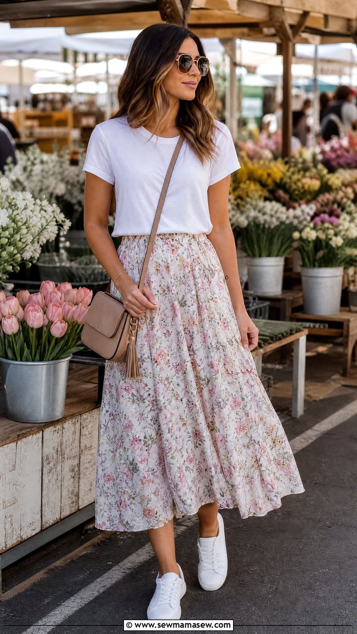 White Tee With Flowy Midi Skirt Outfit - 30 casual modest classy outfits