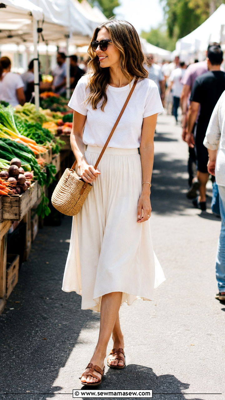 White Tee With Flowy Midi Skirt - 30 Midi skirt outfit ideas for summer