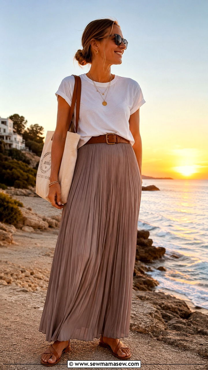 White Tee With Pleated Maxi Skirt Outfit - 30 Pleated skirt outfit ideas with a tee