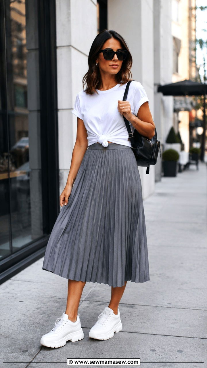 White Tee With Pleated Skirt And Chunky Sneakers Outfit - 30 Pleated skirt outfit ideas with a tee
