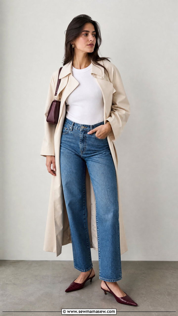 White Tee With Straight Leg Jeans And Trench Outfit - 30 French girl outfit ideas with jeans