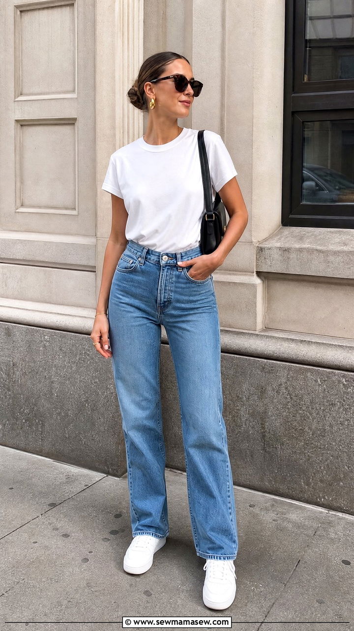 White Tee With Straight Leg Jeans and Sneakers - 30 clean girl outfits to copy