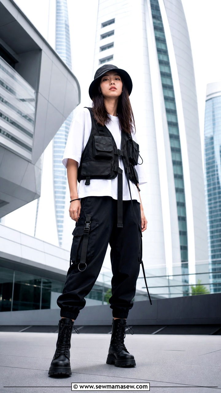 White Tee With Techwear Cargo Pants and a Utility Vest - 40 Korean outfit ideas