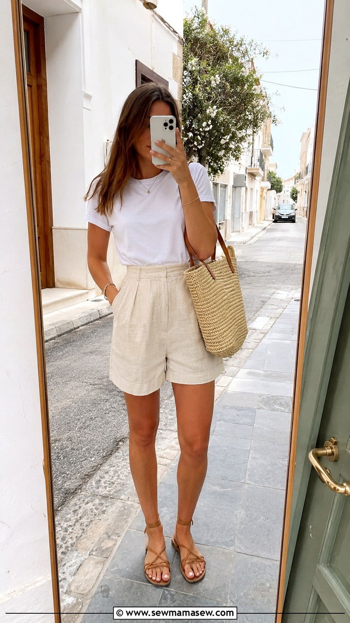 White Tee and Beige Linen Shorts - 30 Plus size mom outfit ideas summer