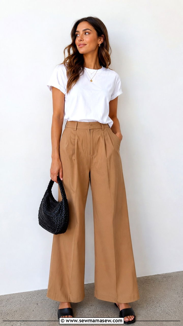 White Tee and Camel Wide Leg Pants Outfit - 30 casual parisian outfits