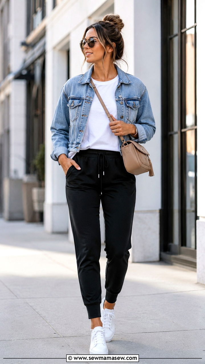 White Tee and Cropped Denim Jacket with Black Joggers - 30 joggers outfit ideas for women