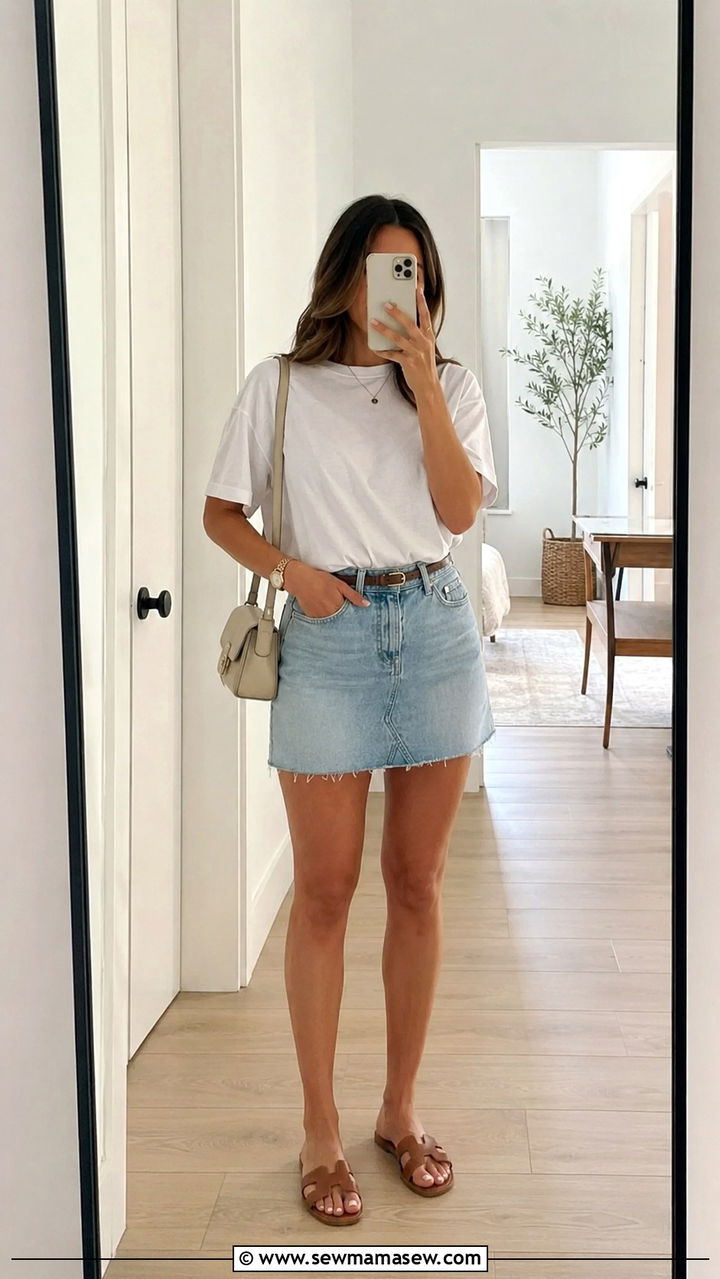White Tee and Denim Mini Skirt Spring Outfit - 30 spring outfits 2026 women casual