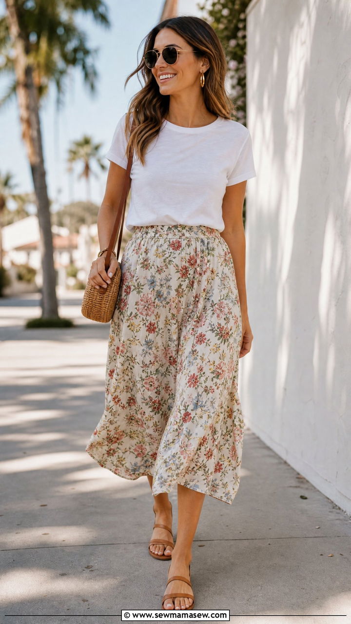 White Tee and Flowy Floral Midi Skirt Outfit - 30 Summer outfits with midi skirts