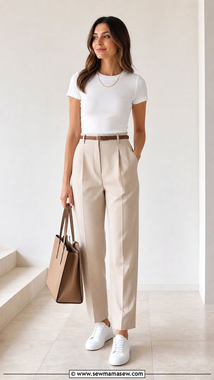 White Tee and High Waist Tailored Trousers Outfit - 25 Spring outfits for women in their 20s