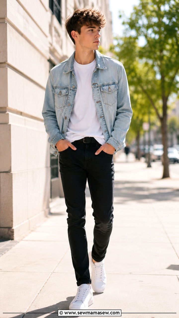 White Tee and Light Wash Denim Jacket with Black Jeans - 30 Senior photo outfit ideas for guys
