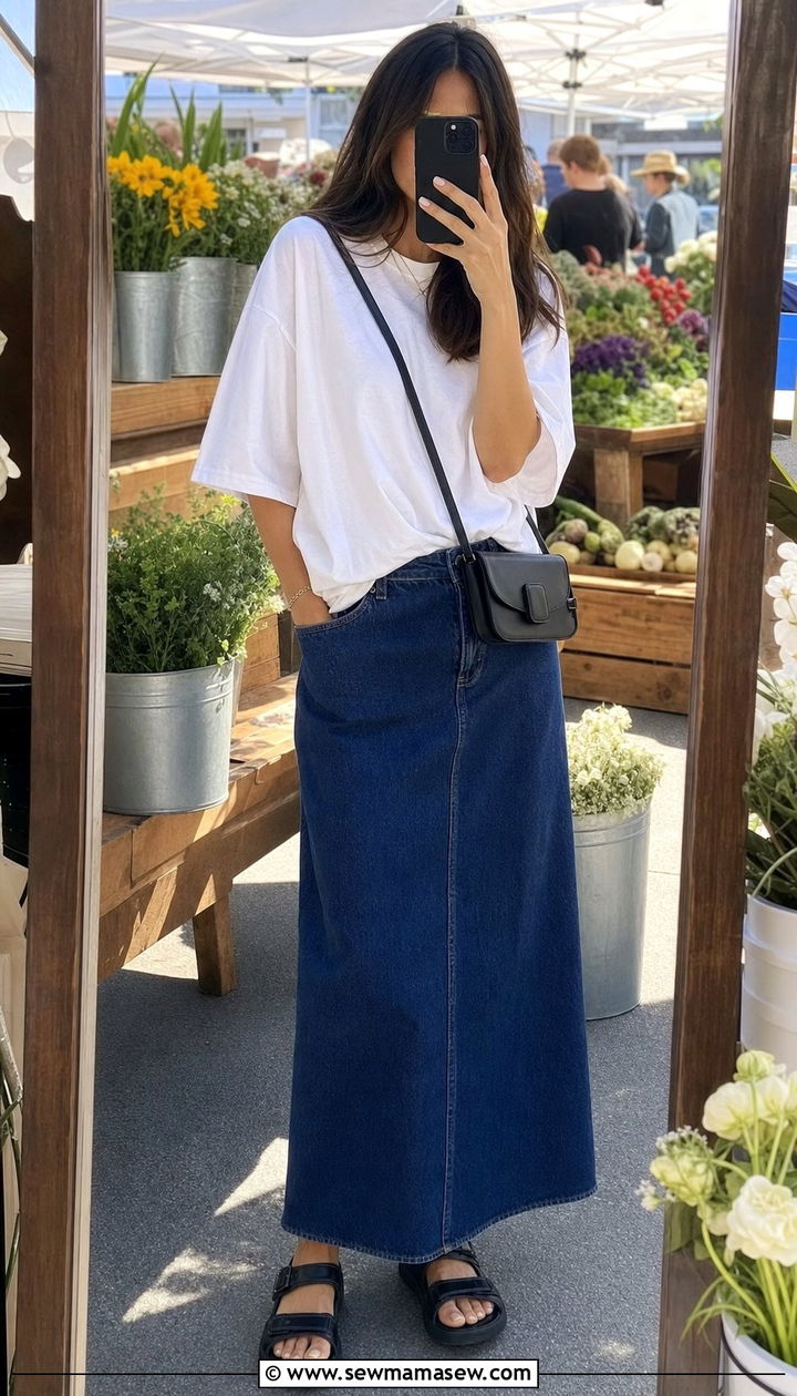 White Tee and Long Denim Skirt Spring Look - 25 Effortless spring outfit ideas 2026