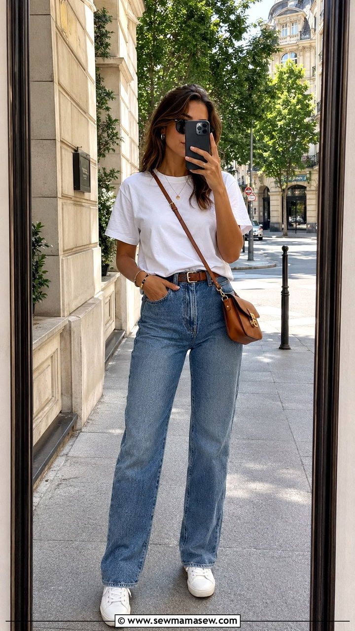 White Tee and Straight Leg Jeans City Break Look - 25 vacation outfits inspo