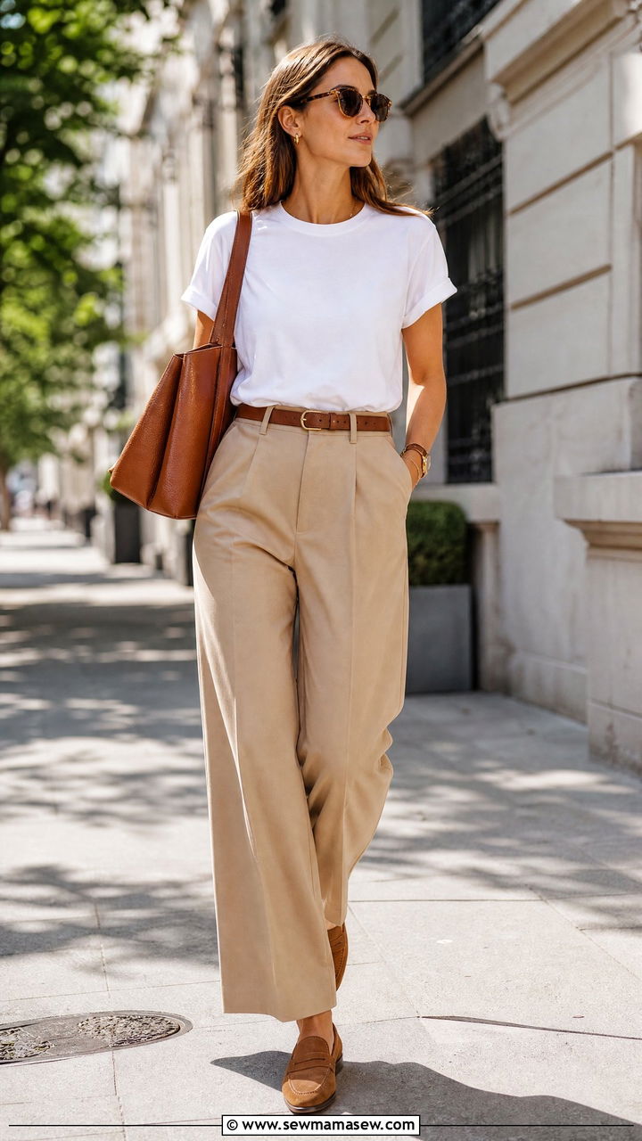 White Tee and Tan Wide Leg Trousers - 30 minimalist outfit ideas for women