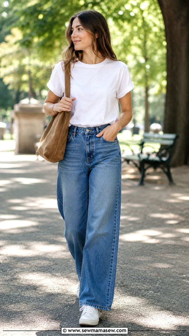 White Tee and Wide Leg Denim With Sneakers - 30 how to style wide leg pants outfits