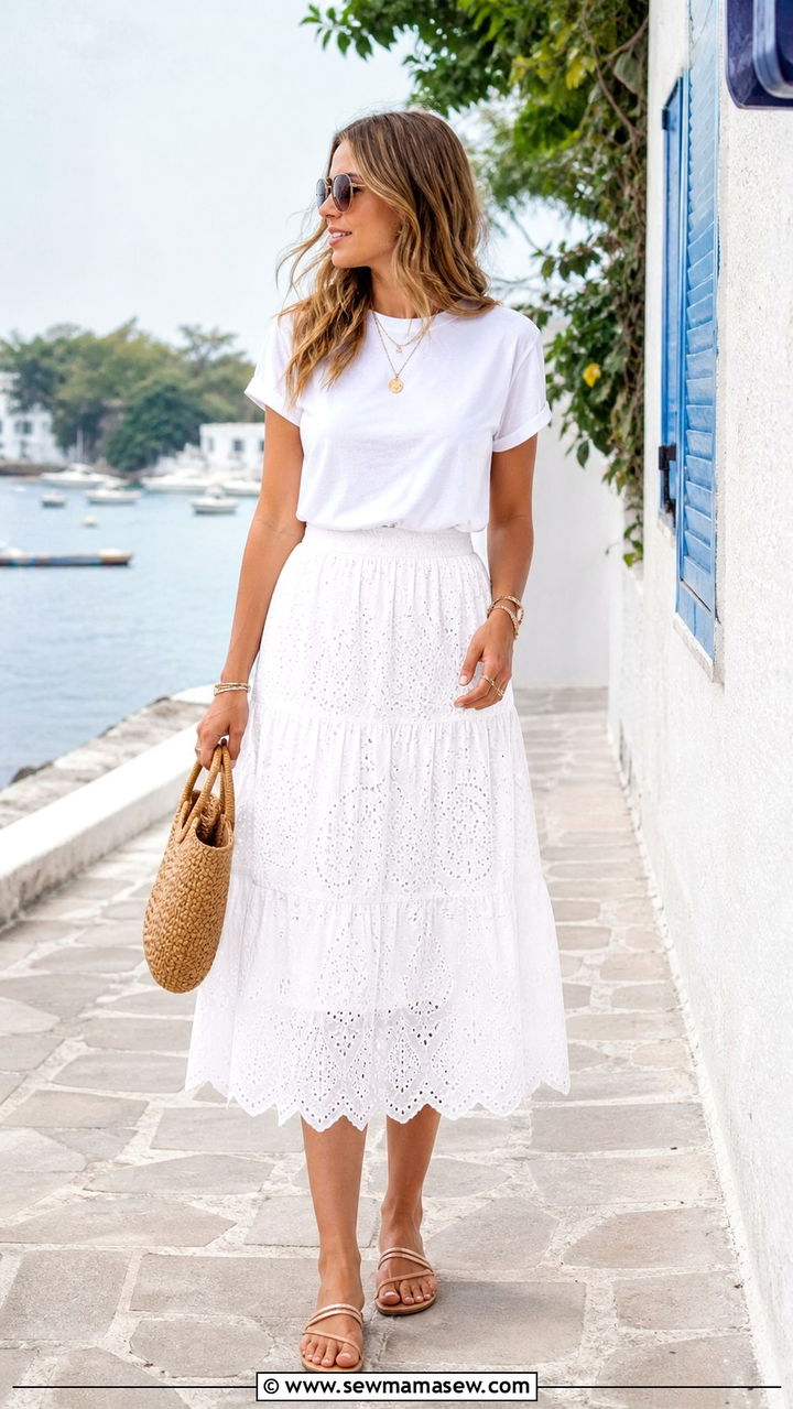 White Tee with All White Midi Skirt - 30 Midi skirt outfit ideas with a tee