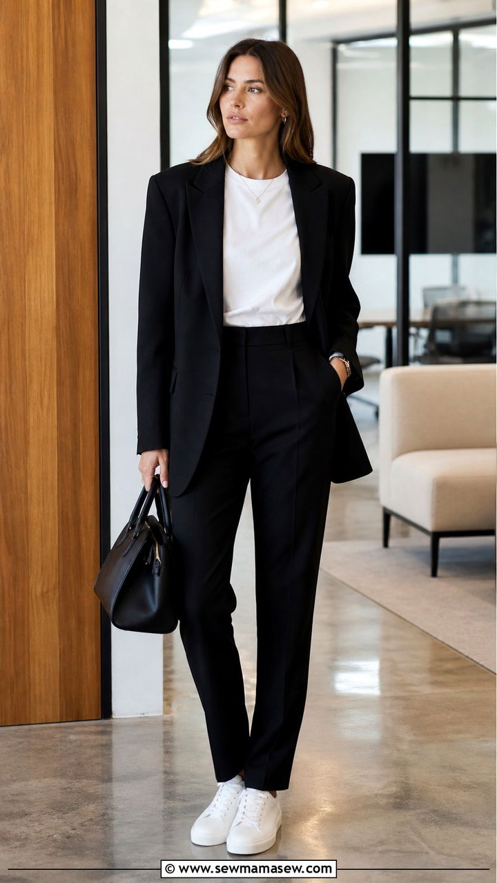 White Tee with Black Tailored Pants and Blazer - 40 Clean girl outfit ideas