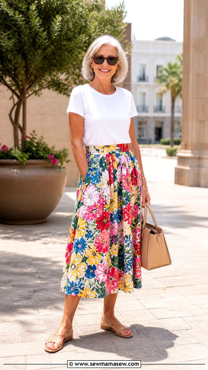 White Tee with Colorful Midi Skirt Spring Outfit - 40 Spring outfit ideas for women over 60 2026