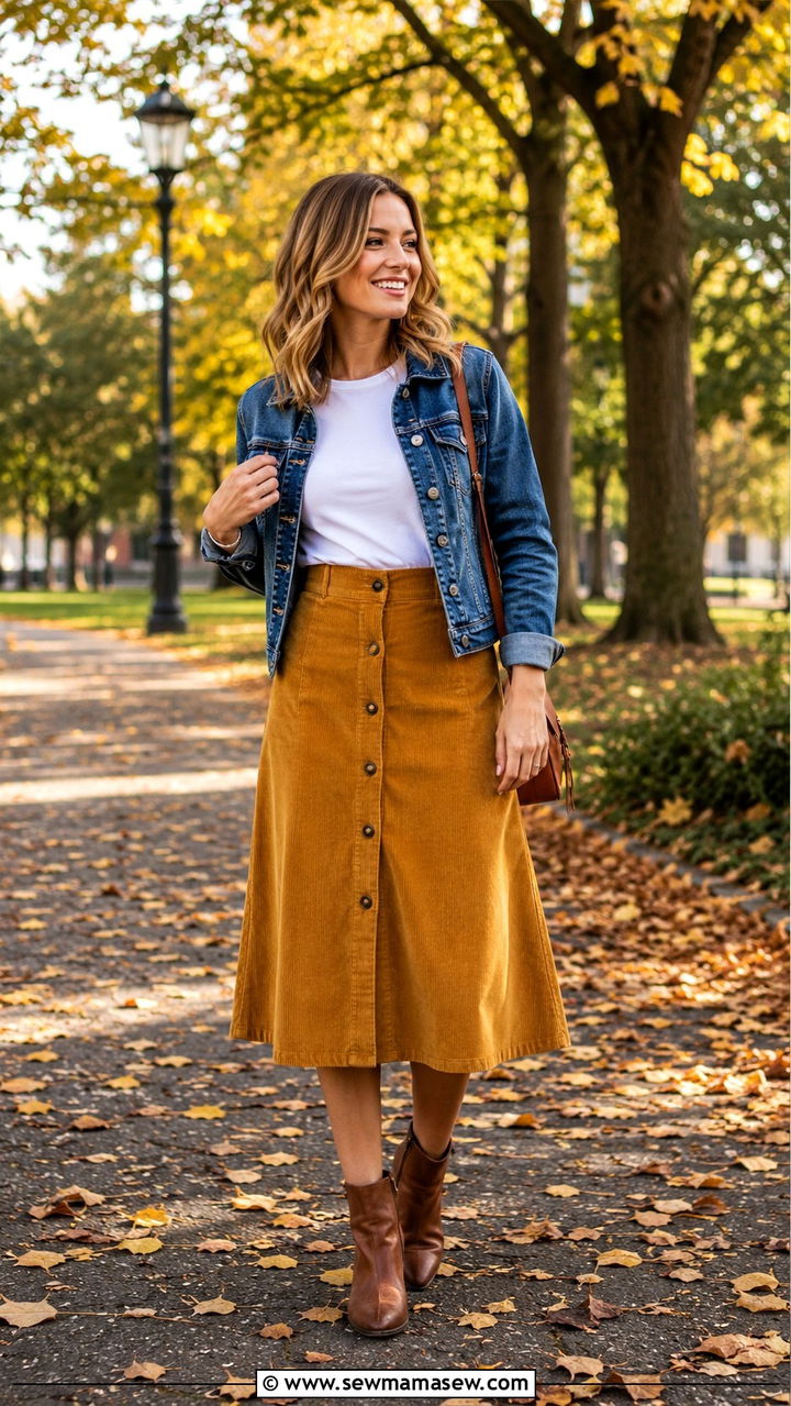 White Tee with Corduroy Midi Skirt - 30 Midi skirt outfit ideas with a tee
