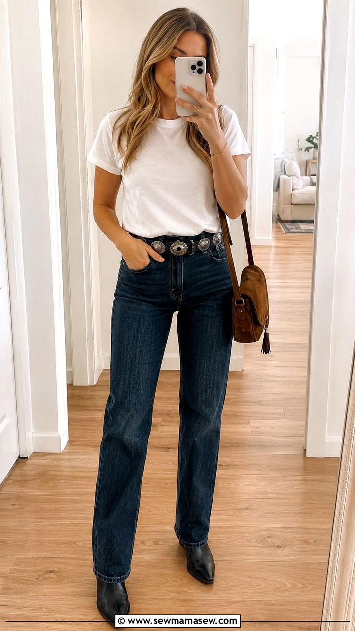 White Tee with Dark Wash Jeans and Concho Belt - 20 Western outfit ideas with concho belt