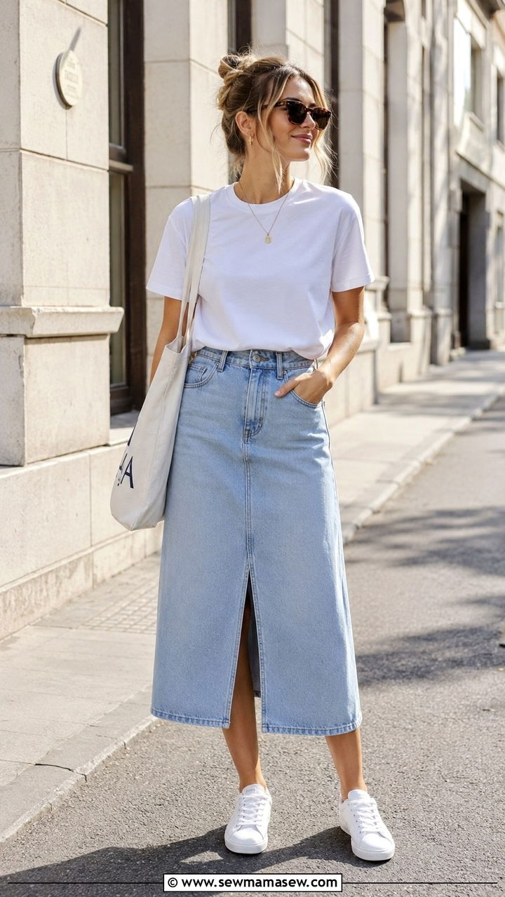 White Tee with Denim Midi Skirt and Sneakers - 30 Midi skirt outfit ideas with a tee