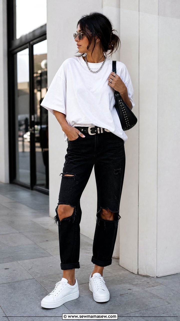 White Tee with Distressed Jeans and Chain Accessories - 30 streetwear outfits for women
