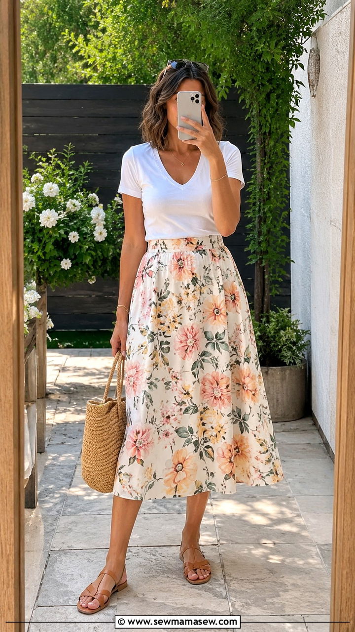 White Tee with Floral Midi Skirt and Sandals - 30 Midi skirt outfit ideas with a tee