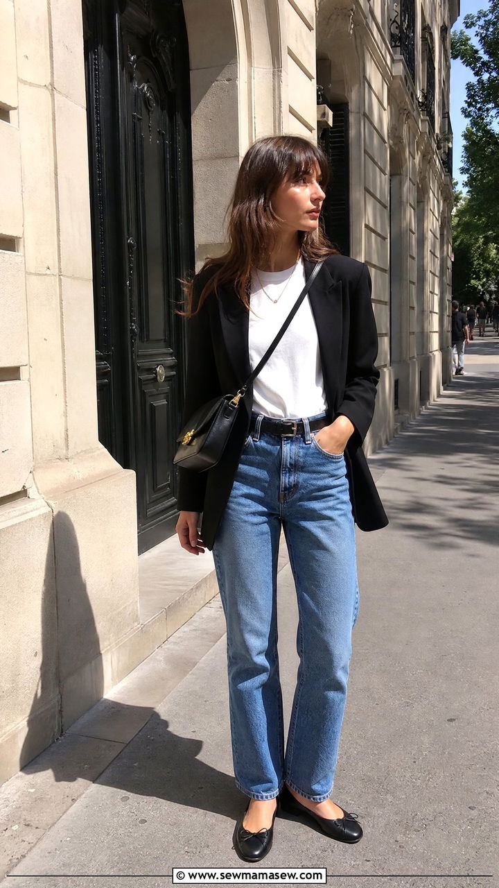White Tee with High Waisted Jeans and Black Blazer - 30 French girl outfit ideas minimalist