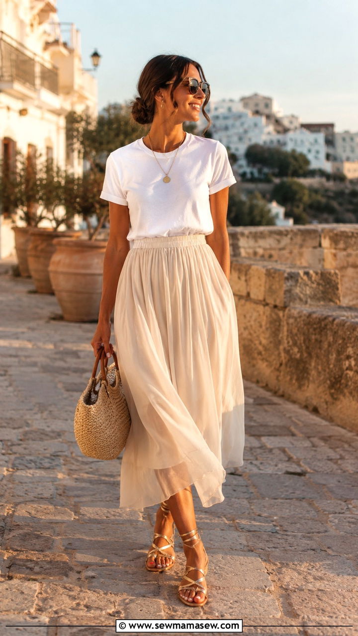 White Tee with Midi Skirt and Strappy Sandals - 30 Midi skirt outfit ideas with a tee
