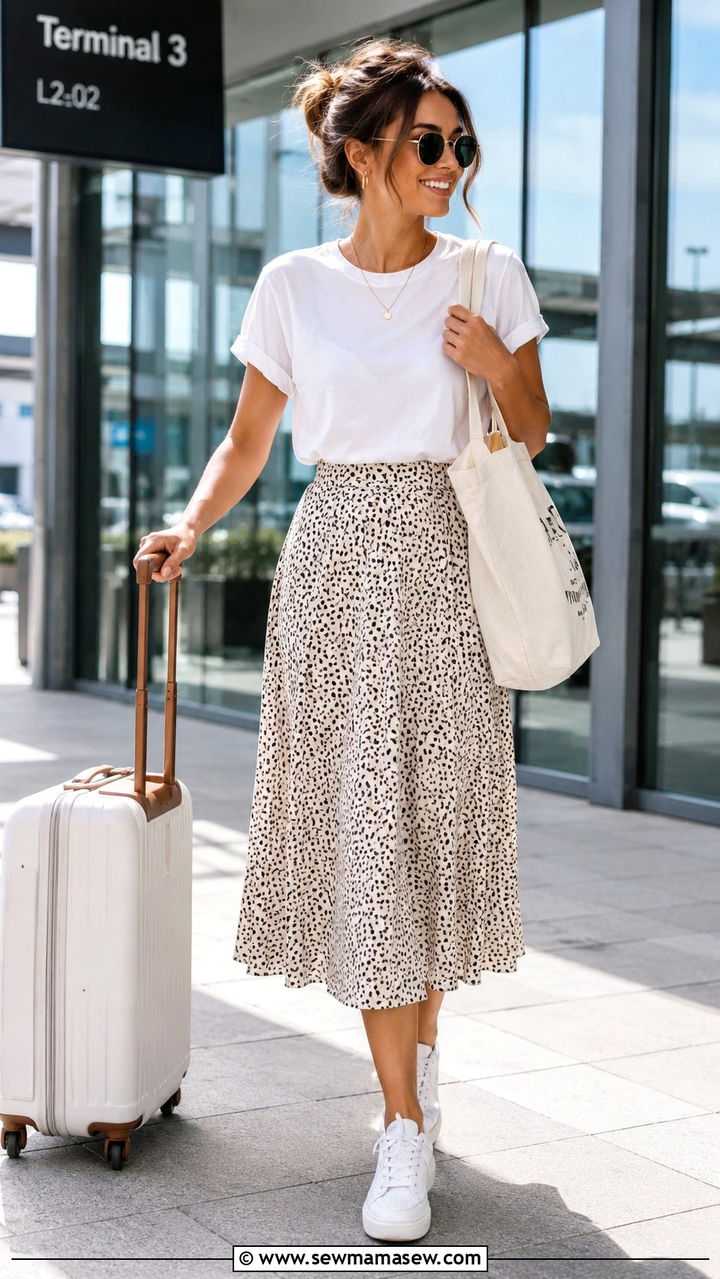 White Tee with Midi Skirt and White Sneakers - 30 Midi skirt outfit ideas with a tee