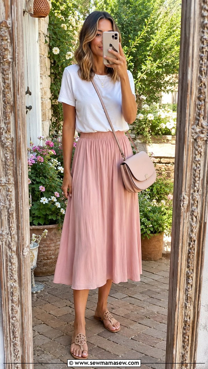 White Tee with Pink Midi Skirt - 30 Midi skirt outfit ideas with a tee