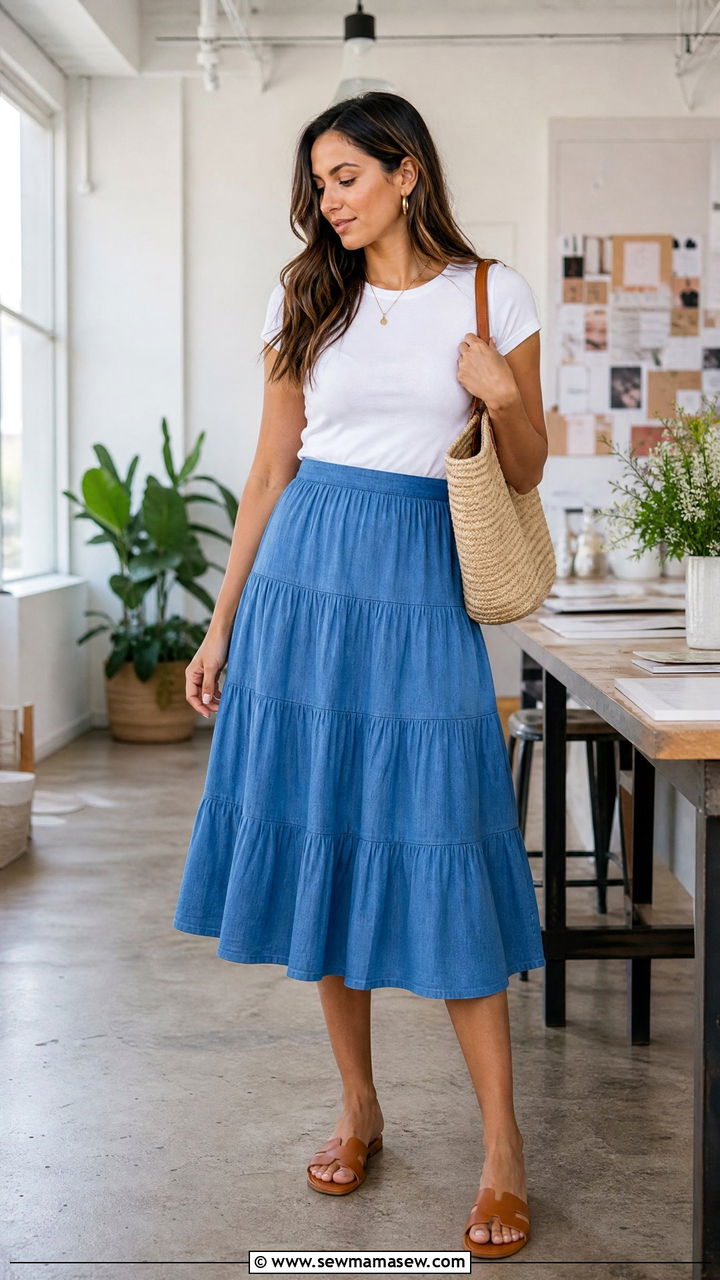 White Tee with Tiered Blue Midi Skirt and Flat Sandals - 25 How to style a midi skirt for work