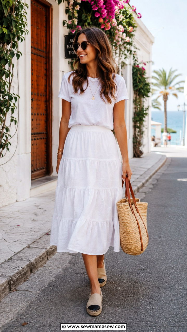 White Tee with Tiered Midi Skirt - 30 Midi skirt outfit ideas with a tee