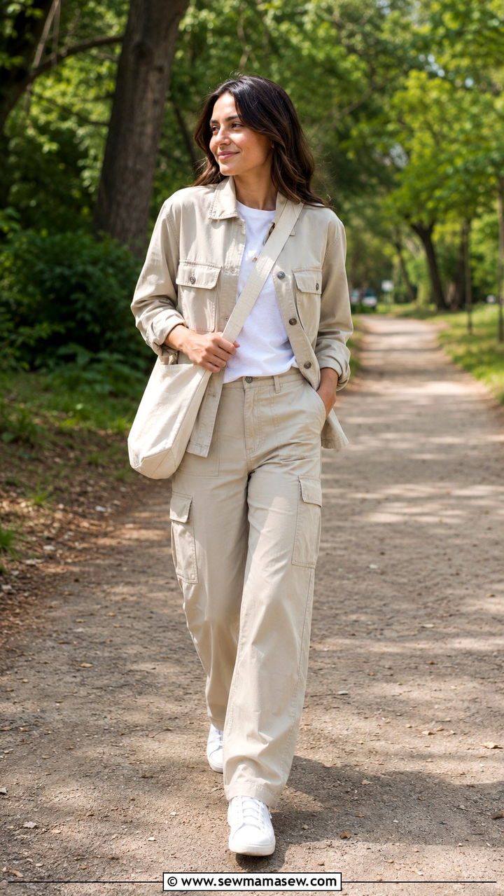 White Tee with Wide Leg Cargo Pants and Utility Jacket - 30 spring capsule wardrobe outfit ideas