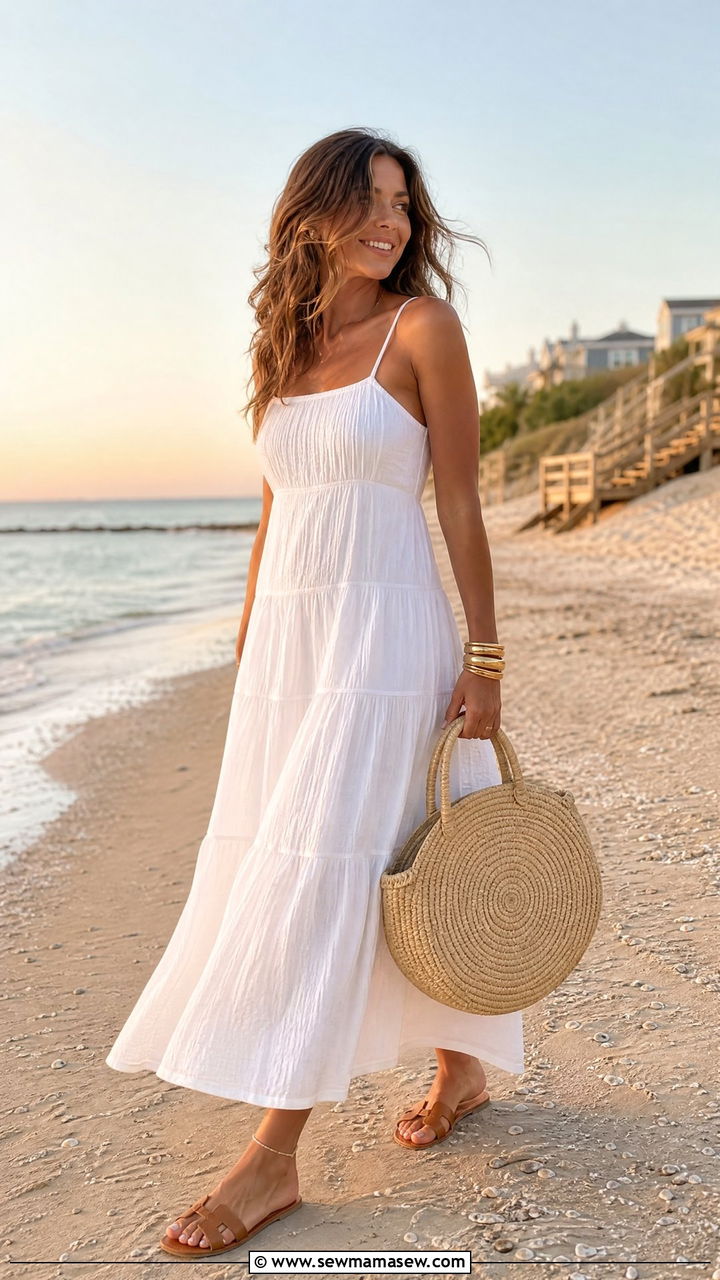 White Tiered Maxi Dress with Straw Tote and Gold Bangles - 30 Hamptons outfit ideas