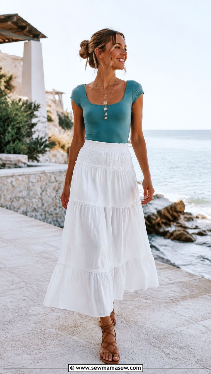 White Tiered Maxi Skirt With Fitted Colored Top - 30 Spring outfits for teen girls
