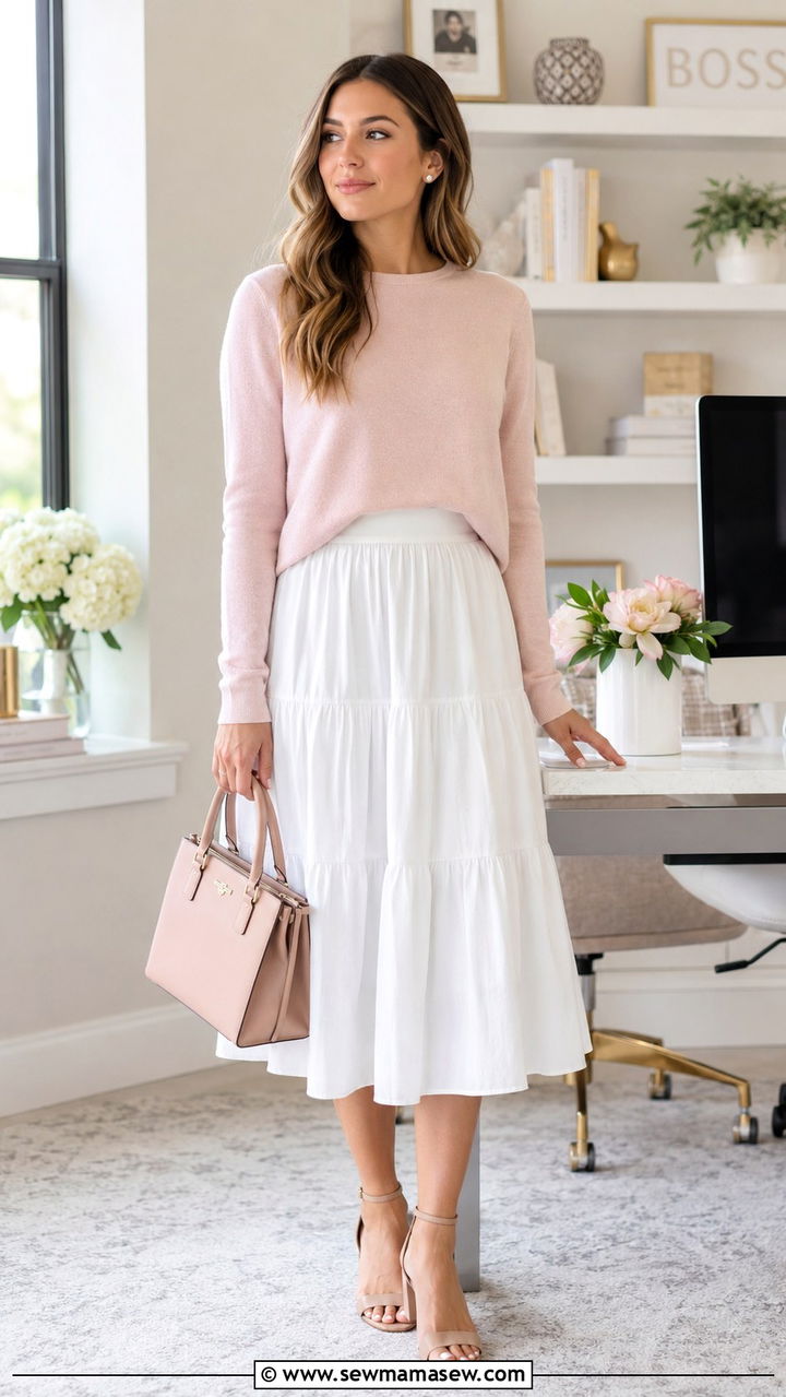 White Tiered Midi Skirt with Pale Pink Sweater - 30 Midi skirt outfit ideas for work
