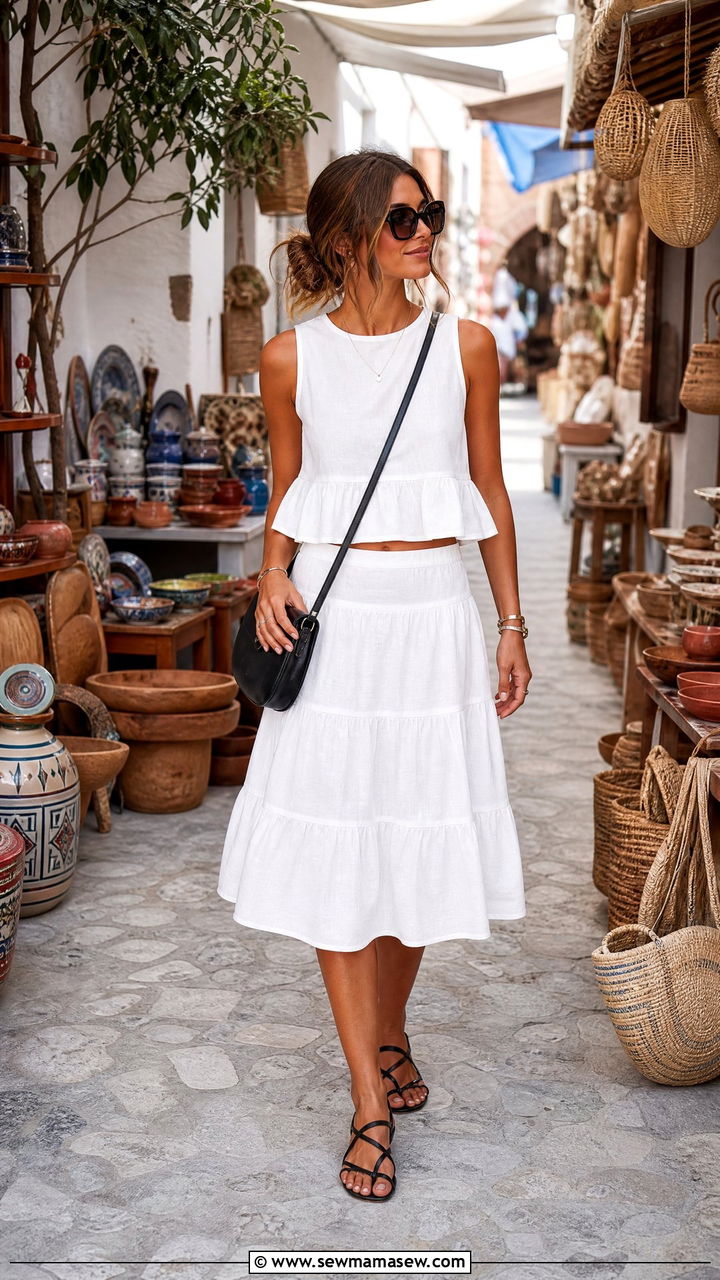 White Tiered Two Piece Set With Black Sandals - 30 European summer outfits ideas