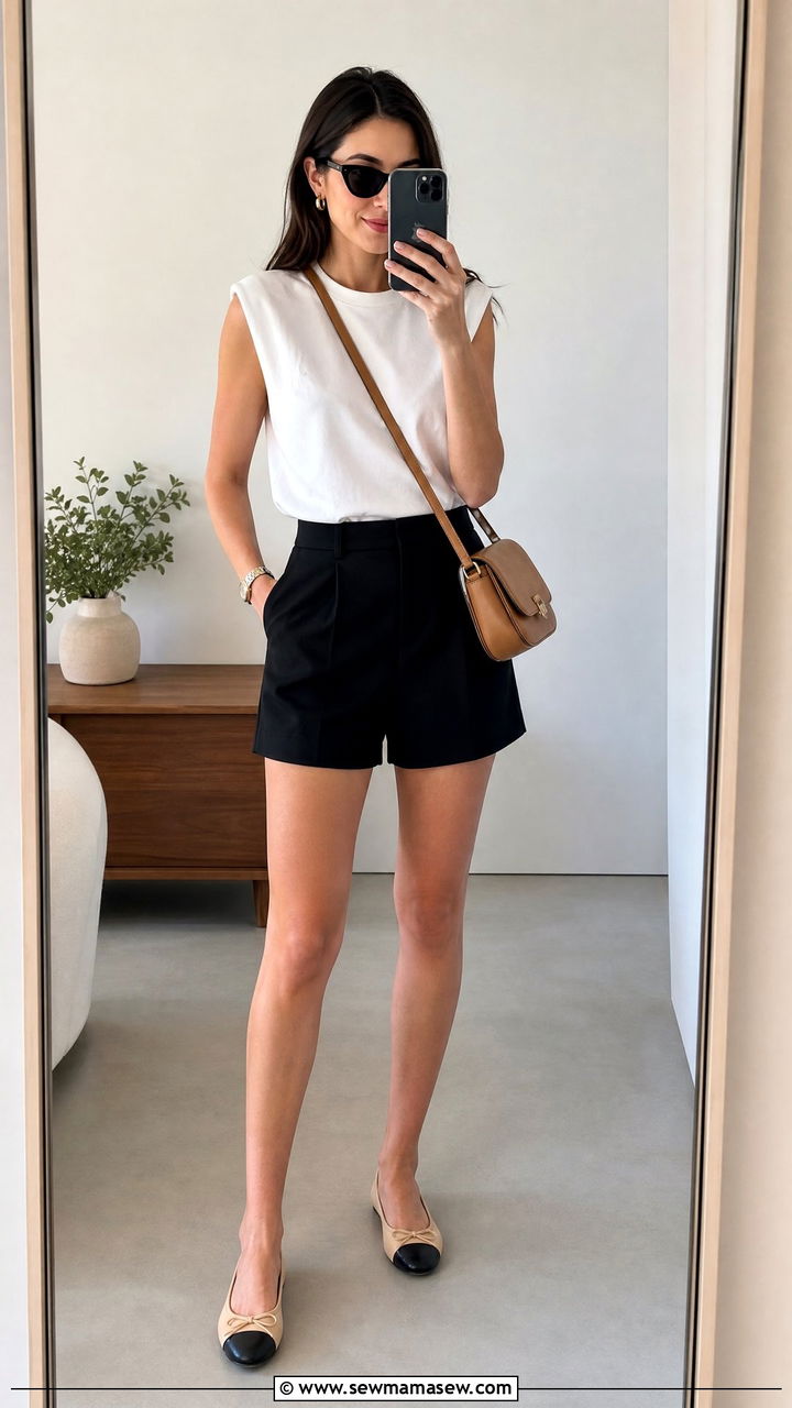 White Top with Black Tailored Shorts and Ballet Flats Summer Look - 30 summer outfit ideas aesthetic