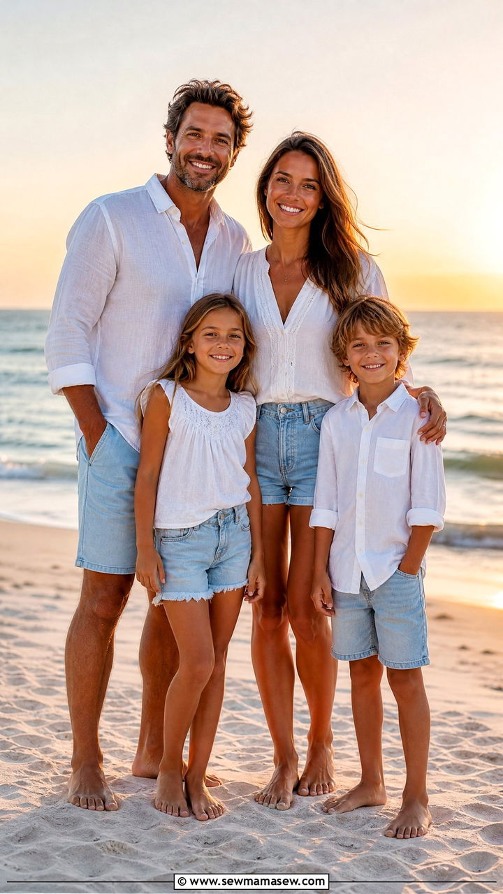 White Tops And Denim For Beach Family Photos - 30 family photo outfits ideas