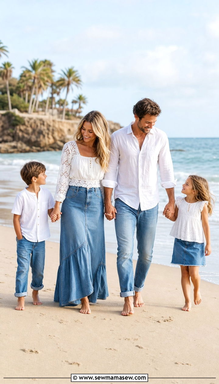 White Tops and Denim Bottoms Beach Family Outfit - 25 cute family photo outfits