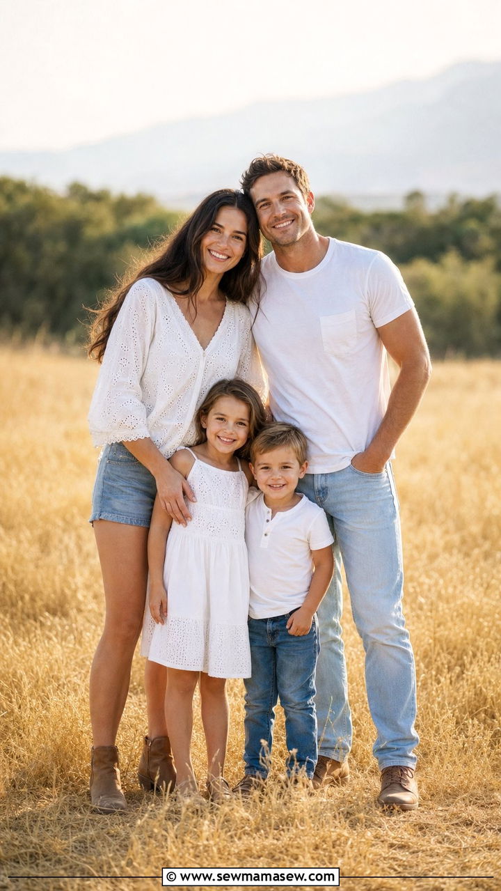 White Tops and Denim Family Photo Outfits for a Golden Field - 25 Family photo outfit ideas summer 2026
