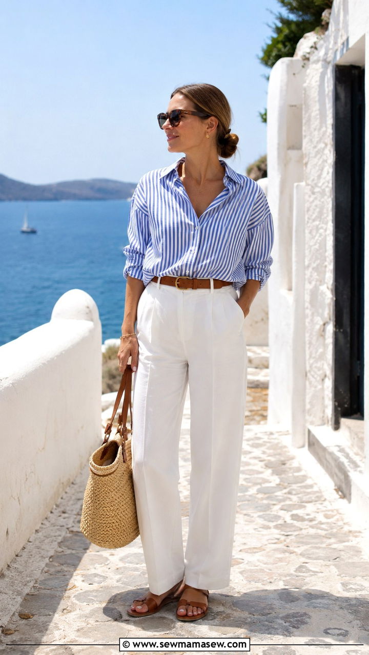 White Trousers With Striped Shirt Outfit - 30 trousers outfit ideas for women