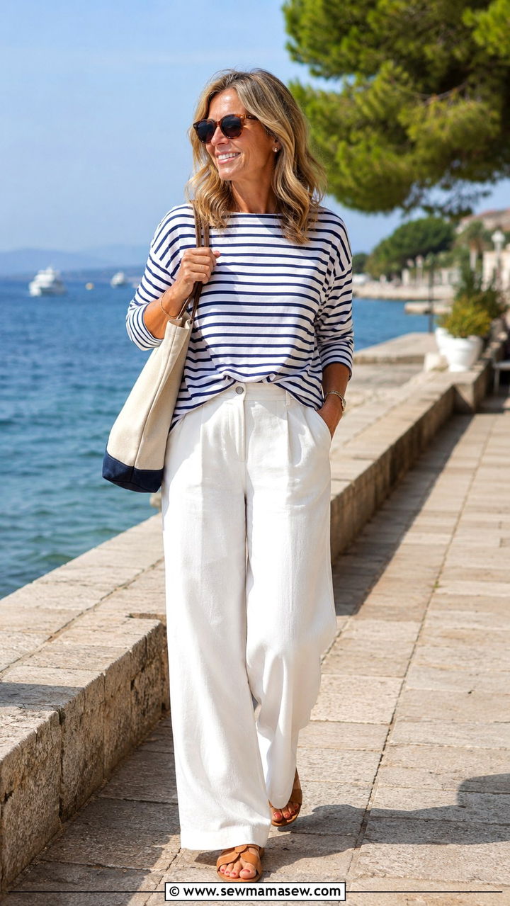 White Trousers With Striped Shirt - 25 trousers outfits for women over 40