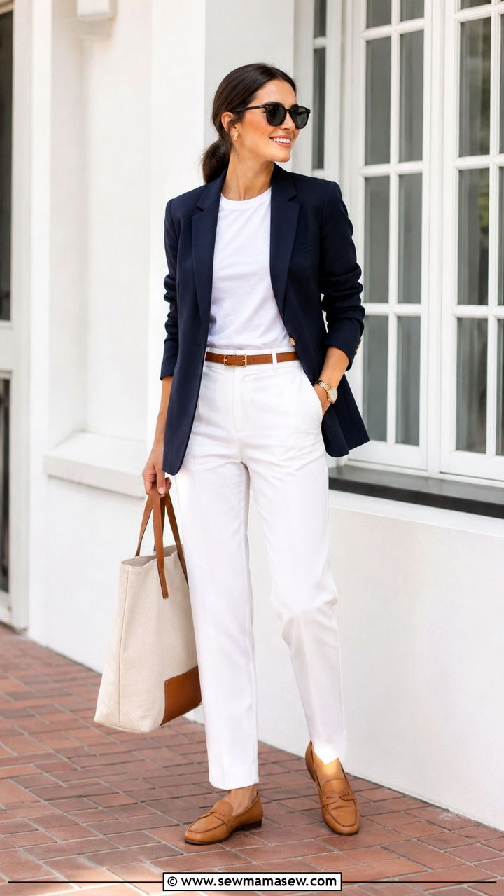 White Trousers with Navy Blazer - 30 Office outfits with trousers