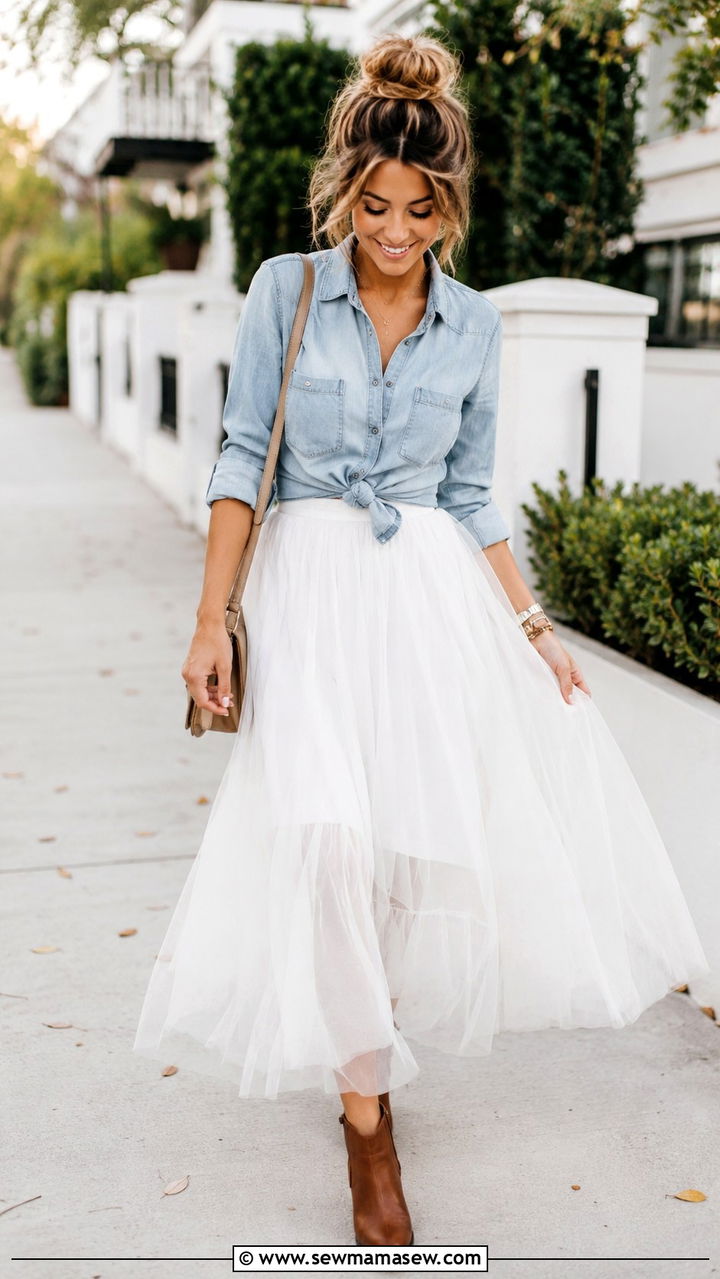 White Tulle Skirt with Denim Shirt and Ankle Boots - 25 Tulle skirt outfit ideas with boots
