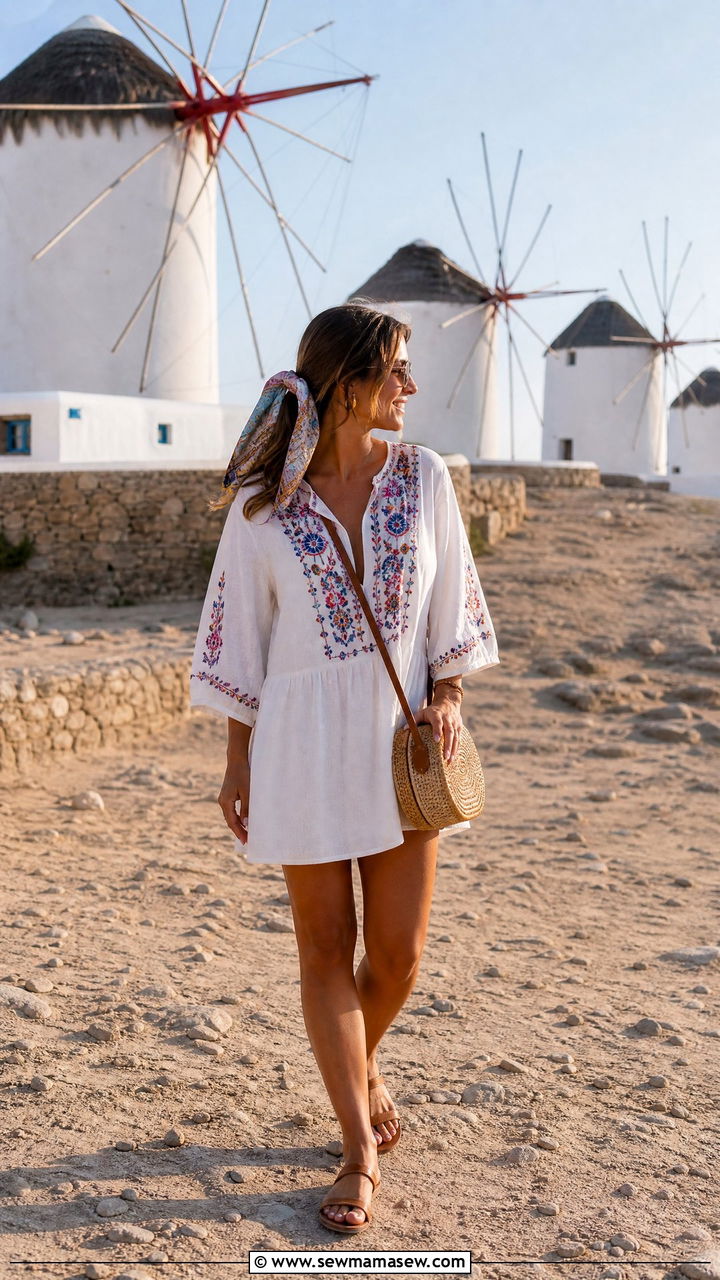 White Tunic Dress With Colorful Embroidery - 30 Mykonos vacation outfit ideas